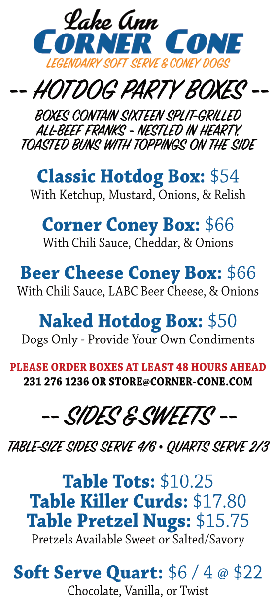 Menus Lake Ann Corner Cone Coney Dogs & LegenDAIRY Soft Serve